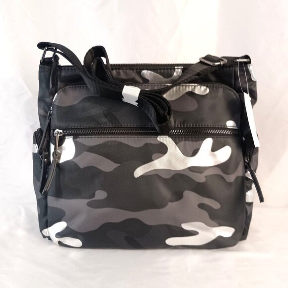 Time and Tru Handbags - Time and Tru Brooke Gray Camo Nylon Crossbody Bag Multi Pocket NWT